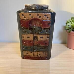 Ceramic Orange Red Green Large Canister W/ Magnetic Slot For Spoon NO LID 7.5''